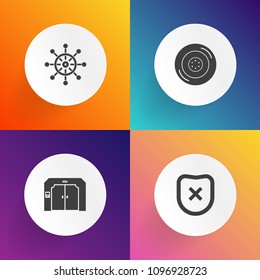 Modern, simple vector icon set on gradient backgrounds with padlock, sailboat, transport, lift, helm, transportation, elevator, road, boat, yacht, rudder, safety, internet, up, protection, wheel icons