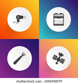 Modern, simple vector icon set on gradient backgrounds with oven, kitchen, tv, meal, communication, beauty, dryer, space, household, equipment, spoon, satellite, antenna, hairdryer, wireless icons