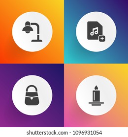 Modern, simple vector icon set on gradient backgrounds with accessory, paper, lamp, flame, fashion, female, computer, modern, shade, wax, home, candle, file, add, collection, room, silhouette icons