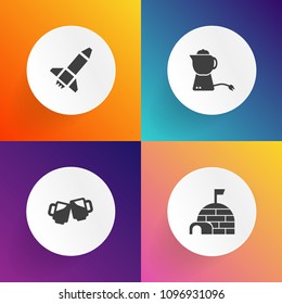 Modern, simple vector icon set on gradient backgrounds with north, foam, science, igloo, speed, cup, breakfast, celebration, inuit, technology, sign, polar, pint, spaceship, house, shuttle, sky icons