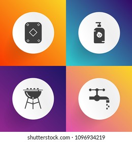 Modern, simple vector icon set on gradient backgrounds with poker, meat, hot, basin, home, interior, charcoal, black, white, soap, kid, happy, child, little, grill, grilled, childhood, picnic icons