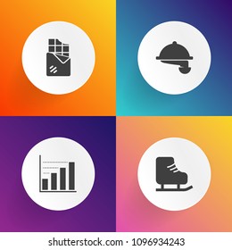 Modern, simple vector icon set on gradient backgrounds with graph, skating, winter, ice, concept, dish, dark, dinner, service, chart, diagram, cafe, skater, leisure, waitress, brown, snack, cold icons