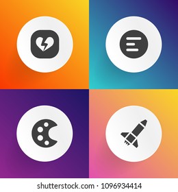 Modern, simple vector icon set on gradient backgrounds with shuttle, sign, color, artistic, travel, heart, mobile, interface, romance, drawing, ui, rocket, web, launch, spaceship, science, shape icons