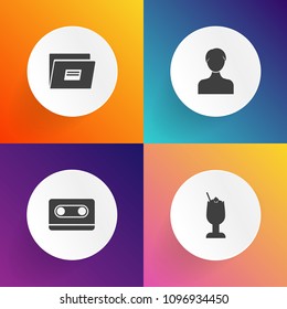 Modern, simple vector icon set on gradient backgrounds with music, ice, page, stereo, lemon, liquid, alcohol, document, analogue, paper, sign, drink, account, cocktail, tape, sound, audio, glass icons