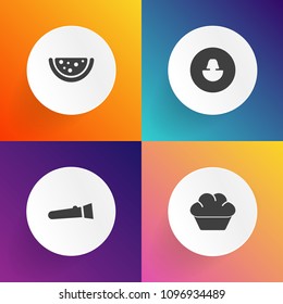 Modern, simple vector icon set on gradient backgrounds with fresh, summer, chocolate, cookie, breakfast, food, light, human, energy, head, flashlight, cafe, dessert, social, menu, object, muffin icons
