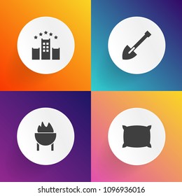 Modern, simple vector icon set on gradient backgrounds with home, feather, tool, saw, service, luggage, white, wrench, screwdriver, sleep, cushion, party, equipment, sausage, pillow, bed, soft icons