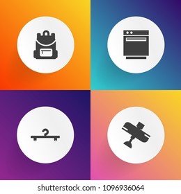 Modern, simple vector icon set on gradient backgrounds with clothing, oven, kitchen, transportation, bag, backpack, aviation, hanger, aircraft, tourism, education, store, fashion, transport, gas icons