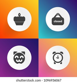 Modern, simple vector icon set on gradient backgrounds with shop, watch, vintage, wake, cat, muffin, sign, young, chocolate, number, white, doughnut, happy, cookie, female, bakery, kitty, clock icons