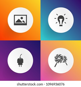 Modern, simple vector icon set on gradient backgrounds with electricity, sugar, art, innovation, white, charger, frame, antique, recharge, lamp, mobile, idea, background, power, ornate, colorful icons
