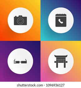 Modern, simple vector icon set on gradient backgrounds with telephone, picture, phone, photographer, asian, temple, media, film, technology, concept, device, business, web, water, vintage, asia icons