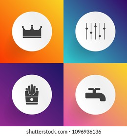 Modern, simple vector icon set on gradient backgrounds with cooked, supply, white, sound, water, builder, background, potato, home, toilet, bathroom, construction, fast, unhealthy, food, tap icons