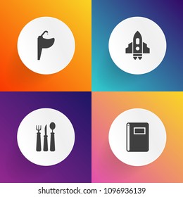 Modern, simple vector icon set on gradient backgrounds with sink, page, clean, object, spoon, textbook, wet, meal, chrome, shuttle, kitchen, faucet, book, cutlery, science, equipment, spaceship icons