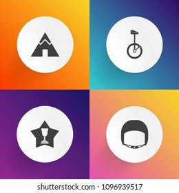 Modern, simple vector icon set on gradient backgrounds with bicycle, prize, industrial, builder, victory, circus, place, camp, yellow, worker, achievement, travel, competition, man, champion icons