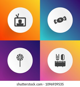 Modern, simple vector icon set on gradient backgrounds with spiral, display, technology, lolly, lollipop, kitchen, birthday, swirl, food, table, colorful, meal, television, unhealthy, tv, sweet icons