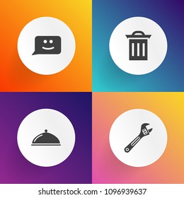Modern, simple vector icon set on gradient backgrounds with wrench, industry, happy, tool, plate, work, kitchen, face, smile, hammer, sign, construction, equipment, dish, waste, pliers, lunch icons