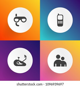 Modern, simple vector icon set on gradient backgrounds with sport, healthy, stationary, office, silhouette, scuba, wheel, vacation, summer, person, group, white, sea, equipment, underwater, male icons