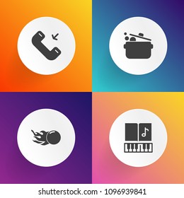 Modern, simple vector icon set on gradient backgrounds with mobile, music, cook, outgoing, melody, app, black, cup, fork, key, phone, call, comet, button, note, musical, graphic, planet, galaxy icons