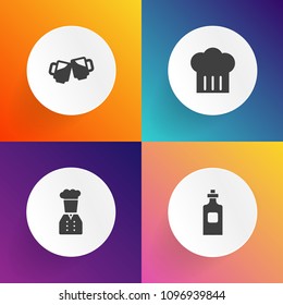 Modern, simple vector icon set on gradient backgrounds with black, silhouette, pub, shape, chef, froth, gold, hat, white, cooking, drink, bar, sign, cook, wine, container, liquid, pint, water icons