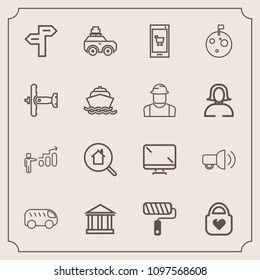 Modern, simple vector icon set with roll, real, highway, brush, way, roller, move, personal, communication, direction, europe, paint, greek, luggage, greece, bag, leather, style, travel, object icons