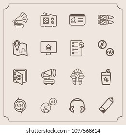 Modern, simple vector icon set with audio, vintage, banking, freelance, call, cocktail, summer, headphone, record, communication, culture, ancient, computer, pharaoh, pencil, work, safety, id icons