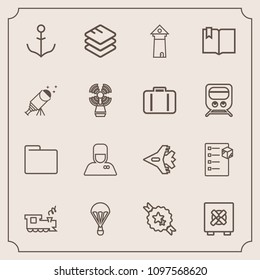 Modern, simple vector icon set with sky, package, security, plane, train, wheel, jetliner, extreme, blank, aircraft, parachute, box, hotel, safe, jump, decorative, delivery, uniform, cargo, data icons