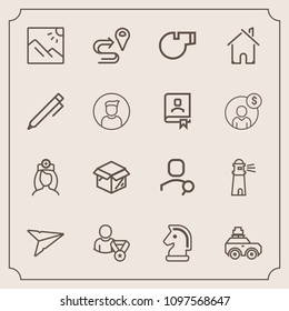 Modern, simple vector icon set with whistle, chessboard, send, scenery, package, account, internet, location, unpacking, chess, business, map, light, photo, water, bag, lighthouse, message, game icons