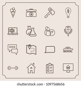 Modern, simple vector icon set with screwdriver, food, road, sport, list, aid, yacht, tick, water, online, pin, kit, real, gym, tool, sweet, checklist, home, boat, travel, estate, mark, message icons