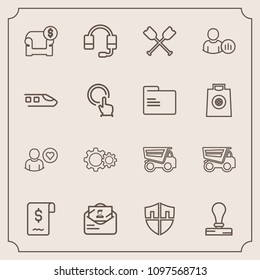 Modern, simple vector icon set with travel, microphone, post, mail, protect, social, dumper, couch, canoe, transportation, stationery, profile, oar, railway, train, technology, paddle, modern icons