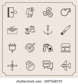 Modern, simple vector icon set with cool, key, technology, lamp, string, air, white, plug, interior, dollar, scale, door, flight, travel, electricity, musical, escape, thermometer, power, folk icons