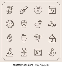 Modern, simple vector icon set with tropical, internet, nature, person, leaf, wc, equipment, shovel, palm, tent, landscape, electricity, mountain, camp, professional, order, sky, toilet, lamp icons