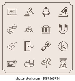 Modern, simple vector icon set with ufo, bank, card, musical, white, circle, bell, lorry, blackboard, hour, timer, money, fashion, justice, balance, law, sign, legal, courthouse, exit, music icons