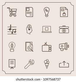 Modern, simple vector icon set with shop, announcement, tv, loud, personal, identity, retail, white, location, idea, equipment, food, wrench, download, speaker, presentation, loudspeaker, map icons