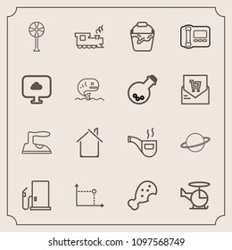 Modern, simple vector icon set with travel, railway, geometry, iron, retro, classic, train, ventilator, astronomy, house, fan, snack, fuel, home, handle, aircraft, chicken, building, ironing icons