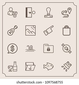 Modern, simple vector icon set with red, blue, exit, online, folder, pool, screen, seafood, frame, garbage, food, box, rubbish, label, business, lock, summer, projector, decorative, file, safety icons