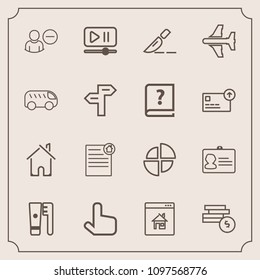 Modern, simple vector icon set with real, medical, building, delete, airplane, house, account, document, pointer, cash, button, user, video, interface, health, money, player, clinic, contract icons