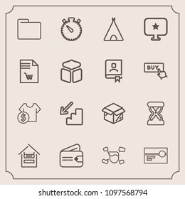 Modern, simple vector icon set with down, wallet, clock, adventure, cart, sale, male, blank, price, up, boy, cost, package, outdoor, folder, paper, food, cardboard, file, stereo, new, camp, tape icons