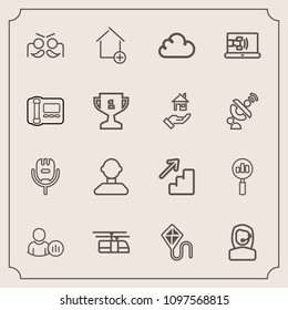Modern, simple vector icon set with festival, up, party, song, summer, house, center, social, voice, joy, profile, search, holiday, celebration, online, down, new, sky, phone, carnival, rail icons