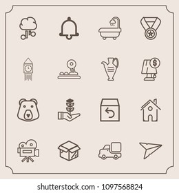Modern, simple vector icon set with tripod, wild, bell, nature, modern, message, technology, communication, box, delivery, bear, growth, package, home, order, shipping, grizzly, interior, video icons