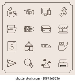 Modern, simple vector icon set with travel, railway, train, college, web, kitchen, search, transport, payment, hot, profile, tent, adventure, steam, furniture, card, email, find, male, water, tv icons