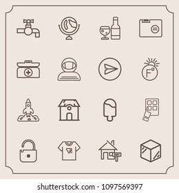 Modern, simple vector icon set with science, property, shuttle, food, dessert, launch, package, modern, red, internet, tshirt, home, technology, template, ice, space, global, architecture, water icons