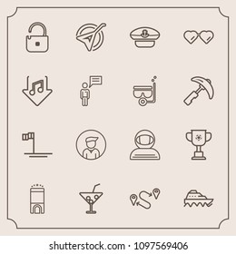 Modern, simple vector icon set with cup, folk, boy, spacesuit, space, music, hat, position, man, musical, victory, glass, male, instrument, championship, point, juice, ship, competition, boat icons