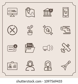 Modern, simple vector icon set with business, young, communication, website, app, musical, office, web, bank, job, file, airplane, profile, travel, location, flight, lady, employee, aircraft icons