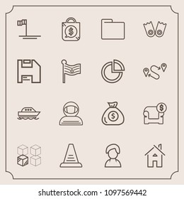 Modern, simple vector icon set with architecture, cardboard, business, bag, finance, up, sale, cosmonaut, office, concept, spacesuit, ocean, baja, space, profile, yacht, beach, science, person icons