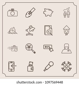 Modern, simple vector icon set with hospitality, control, money, purse, coin, business, find, technology, success, office, hotel, aerial, web, sign, sound, development, bellhop, late, wallet icons
