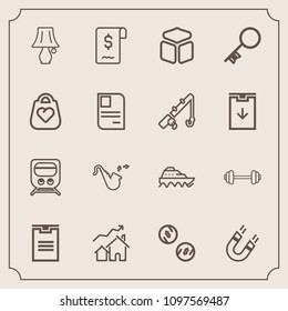 Modern, simple vector icon set with cash, trumpet, box, boat, transportation, travel, sea, musical, increase, shipping, ship, lamp, science, transport, sport, sign, magnetic, house, business icons