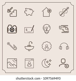Modern, simple vector icon set with delete, bank, upstairs, fishing, favorite, star, sink, online, music, mobile, moon, water, account, coin, downstairs, hook, internet, sound, down, finance, up icons