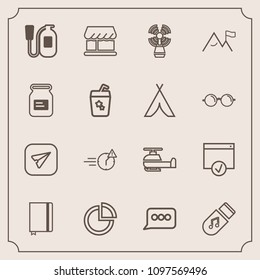 Modern, simple vector icon set with equipment, aviation, graph, emergency, safety, communication, pie, night, paper, sea, transportation, air, notebook, presentation, message, element, business icons