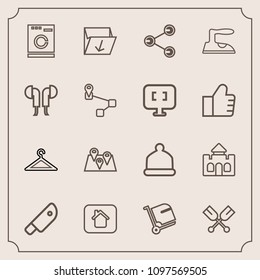 Modern, simple vector icon set with washer, location, clothing, trash, shop, canoe, bag, pin, cut, kitchen, airport, castle, tower, estate, appliance, laundry, map, meat, hanger, head, boat, cap icons