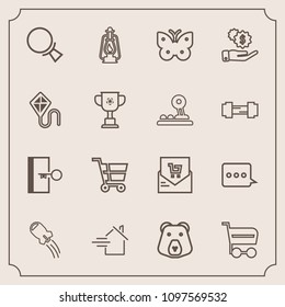 Modern, simple vector icon set with technology, exit, rocket, animal, butterfly, investment, escape, bill, magnifying, insect, lantern, craft, nature, home, shop, supermarket, finance, sign, fly icons
