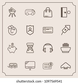 Modern, simple vector icon set with sky, extreme, food, hot, clock, hour, vehicle, music, pc, barbecue, travel, soup, parachuting, finance, equipment, dinner, headphone, sale, direction, time icons